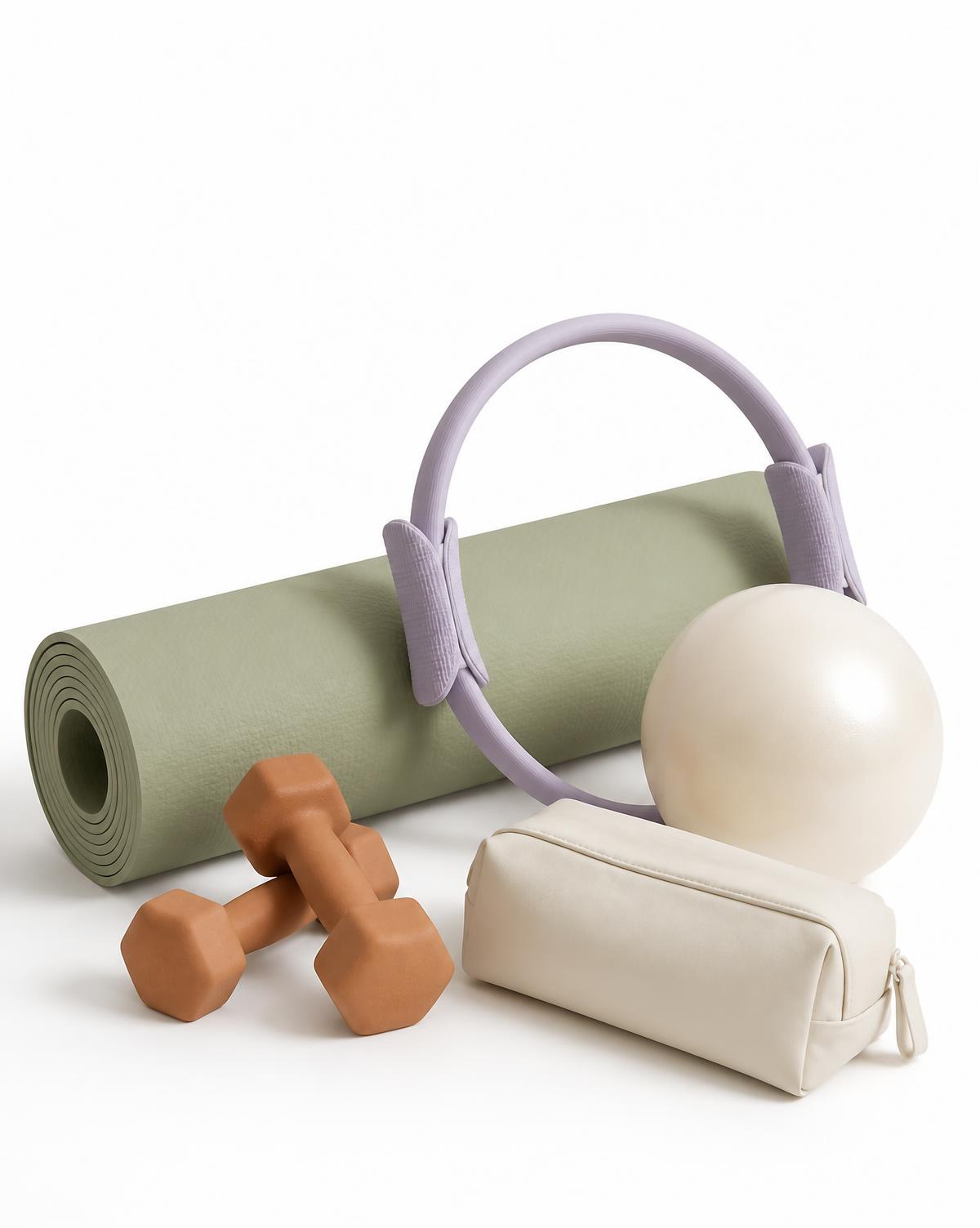 Zestaw do pilates domowego w ciepłych, neutralnych barwach